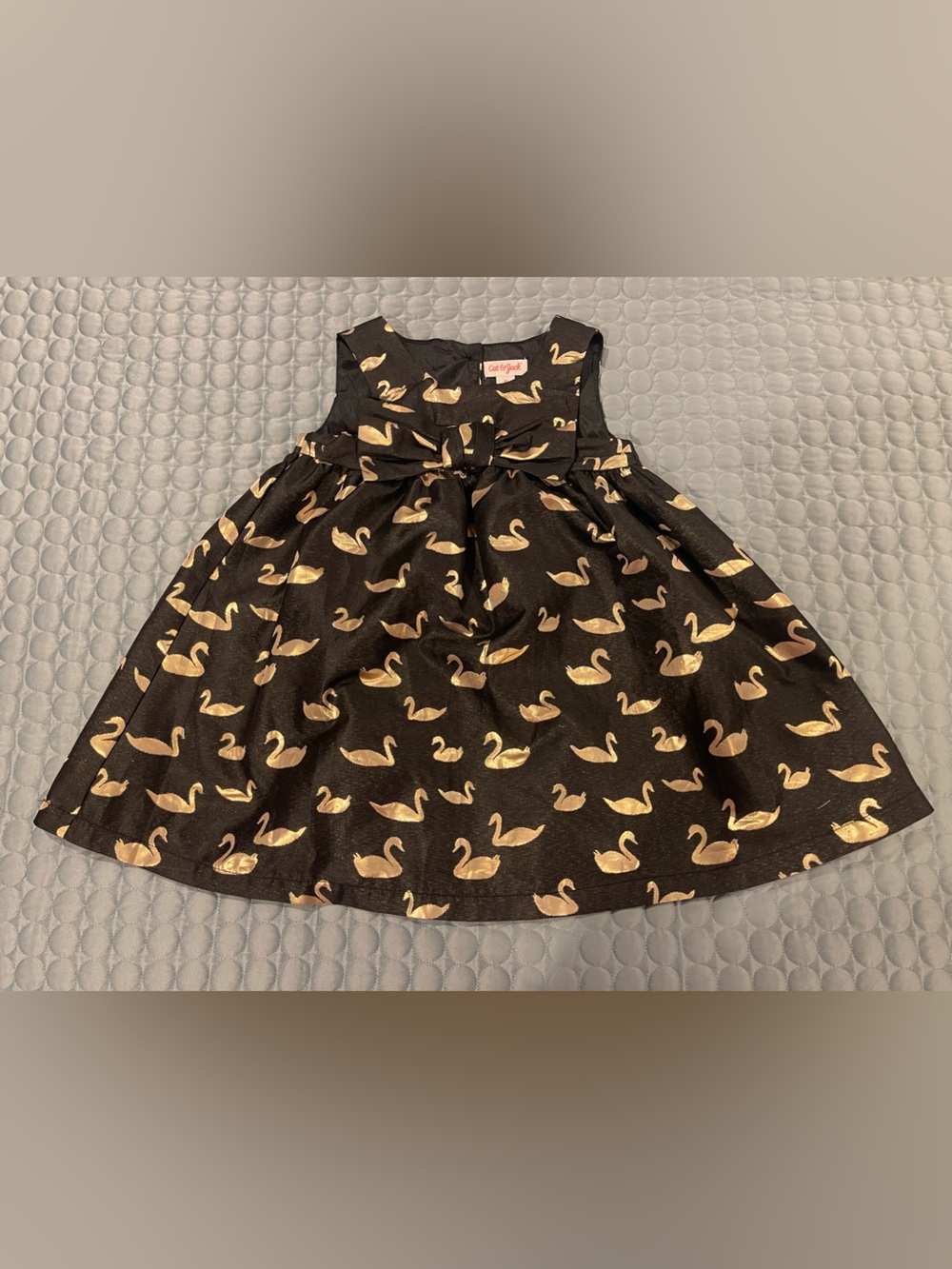 Cat & Jack Black Dress Gold Swans Formal Party Dress Sz 3T Metallic Bow Front
